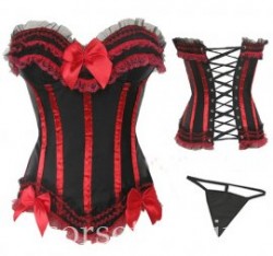 Cheap Steel Boned Red&Black Burlesque Overbust Corset Bustier Top