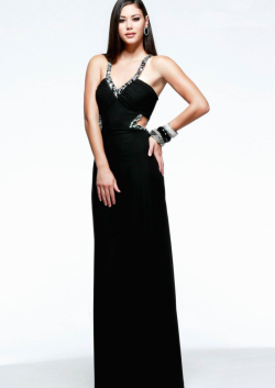 US$142.99 2015 Criss Cross Blue Black Chiffon Beading Straps Floor Length