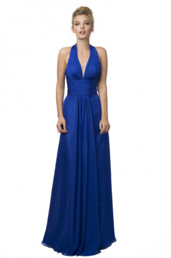 US$167.99 2016 Halter Chiffon Ruched A-line Blue Zipper Sleeveless Floor Length