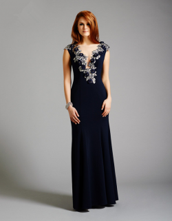 US$178.99 2015 V-neck Tulle Chiffon Dark Navy Appliques Floor Length