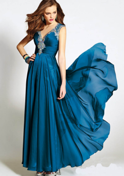 US$142.99 2015 Zipper V-neck Crystals Chiffon Ruched Floor Length