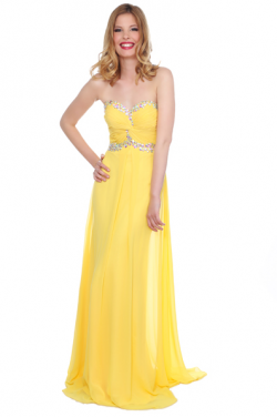 US$136.99 2016 Crystals Yellow Ruched Sweetheart Chiffon Floor Length Sleeveless