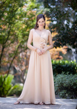 US$165.99 2015 Flowers Ruched Sleeveless Chiffon V-neck Floor Length