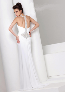 US$171.99 2015 Halter Open Back White Blue Crystals Chiffon Floor Length