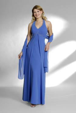 US$162.99 2015 Halter Ruched Blue Chiffon Shawl Sleeveless Ankle Length