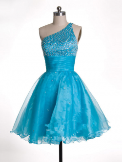 US$163.99 2015 One Shoulder Blue Sleeveless Tulle Zipper Crystals Short Length