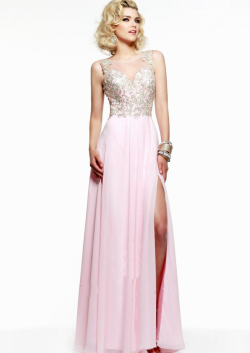 US$145.99 2015 Open Back Beading Split Front Appliques Scoop Chiffon Pink Floor Length