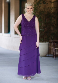 US$162.99 2015 Tiers Purple Ruched Sleeveless Chiffon V-neck Floor Length