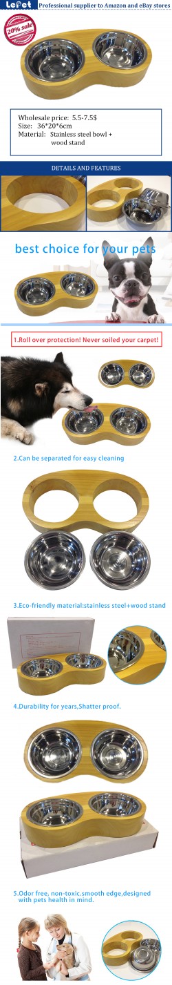 Stainless steel dog bowl with wood stand wholesale low price China manufacturer