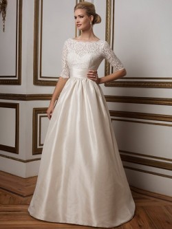 half sleeves illusion backless lace satin wedding dress