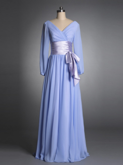 US$178.99 2015 Bow Light Blue V-neck V-back Zipper Long Sleeves Chiffon Ruched Floor Length