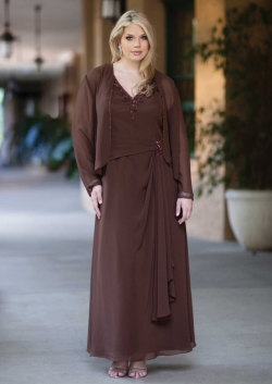 US$161.99 2015 Brown Ruched Jacket Sleeveless Chiffon V-neck Floor Length