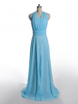 US$168.99 2015 Halter Ruched Zipper Sash Light Blue Sleeveless Sweep Train Chiffon