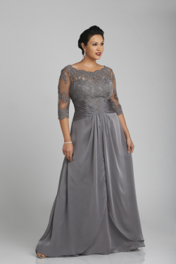 US$168.99 2015 Scoop V-back Zipper Grey Chiffon Tulle Appliques 3/4 Length Sleeves Floor Length