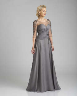 US$164.99 2015 Scoop Zipper Grey Chiffon Tulle 3/4 Length Sleeves Crystals Floor Length