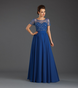 US$158.99 2015 Scoop Zipper V-back Chiffon Tulle Blue White Crystals Short Sleeves Floor Length