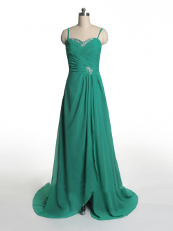 US$171.99 2015 Sleeveless Spaghetti Straps Green Ruched Zipper Chiffon Sweep