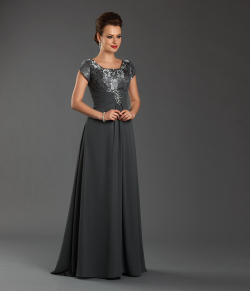 US$145.99 2015 Square Zipper Chiffon Short Sleeves Grey Floor Length