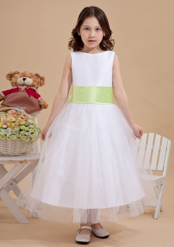 US$103.99 2015 Tulle Straps Bow Flower White Ribbon Zipper Sleeveless Ruched Tea Length