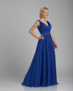 US$158.99 2015 Zipper V-neck V-back Chiffon Blue Sleeveless Ruched Floor Length