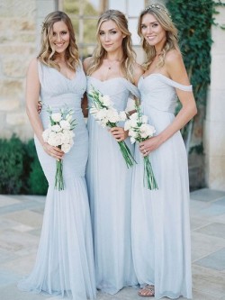 A-line Tulle Ruffles Silver Off-the-shoulder Bridesmaid Dresses in UK