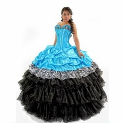 2017 new aqua and black zebra print pick up puffy lace up sweet 15 quinceanera dress