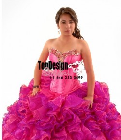 2017 new beaded hot pink and fuchsia organza ruffles puffy corset sweet 15 quinceanera dress