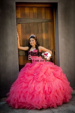 2017 New Beaded Sweet 15 Ball Gown Hot Pink Satin Organza Prom Dress Gown Vestidos De 15 Anos