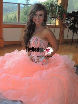 2017 New Beaded Sweet 15 Ball Gown Peach Satin Organza Prom Dress Gown Vestidos De 15 Anos