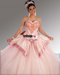 2017 New Beaded Sweet 15 Ball Gown Pearl Pink Satin Tulle Prom Dress Gown Vestidos De 15 Anos