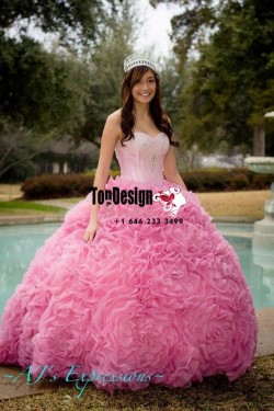 2017 New Beaded Sweet 15 Ball Gown Pink Satin Organza Prom Dress Gown Vestidos De 15 Anos