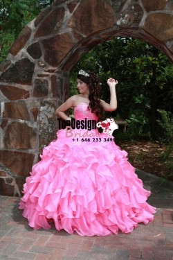 2017 New Beaded Sweet 15 Ball Gown Pink Satin Organza Prom Dress Gown Vestidos De 15 Anos