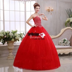 2017 New Beaded Sweet 15 Ball Gown Red Satin Tulle Prom Dress Gown Vestidos De 15 Anos