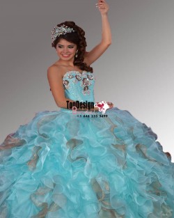 2017 New Beaded Sweet 15 Ball Gown Tiffany Blue and Gold Satin Organza Prom Dress Gown Vestidos  ...