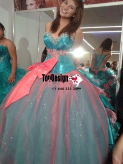 2017 New Beaded Sweet 15 Ball Gown Turquoise and Coral Satin Tulle Prom Dress Gown Vestidos De 1 ...