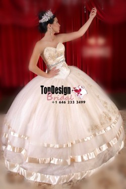 2017 New Beaded Sweet 15 Dress Champagne Vestidos De Fiesta Taffeta Tulle Quinceanera Ball Gown