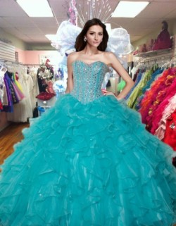 2017 New Beaded Sweet 15 Dress Turquoise Vestidos De Fiesta Satin Organza Quinceanera Ball Gown