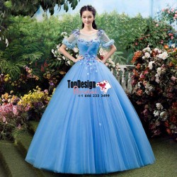 2017 New Flower Sweet 15 Ball Gown Blue Scoop Neck Satin Tulle Prom Dress Gown Vestidos De 15 An ...