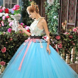 2017 New Lace Beaded Sweet 15 Ball Gown Blue High Neck Tulle Prom Dress Gown Vestidos De 15 Anos ...