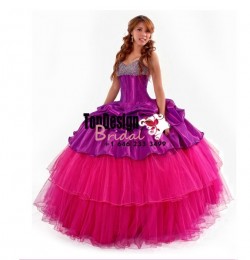 2017 new purple and fuchsia tulle taffeta beaded puffy sweet 15 quinceanera dress