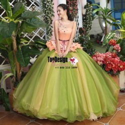 2017 New Sweet 15 Ball Gown Olive Green and Peach Satin Tulle Prom Dress Gown Vestidos De 15 Anos