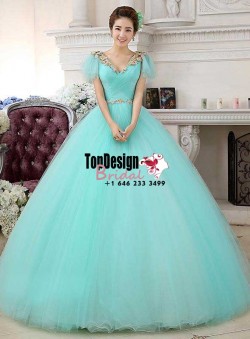 2017 New V-Neck Beaded Sweet 15 Ball Gown Tiffany Blue Satin Tulle Prom Dress Gown Vestidos De 1 ...