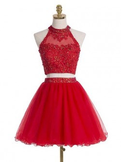 Two Piece A-line Tulle Short/Mini Beading Boutique High Neck Prom Dresses in UK