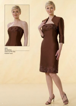 US$158.99 2015 Brown Strapless Satin Jacket Appliques Sleeveless Knee Length