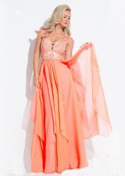 US$145.99 2015 V-neck Ruched Chiffon Cap Sleeves Appliques Floor Length Blue Orange