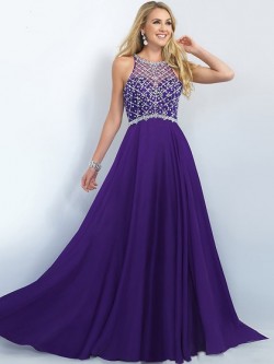 Grape Sweep Train Chiffon Beading Zipper at Side Scoop Neck Perfect Prom Dress in UK