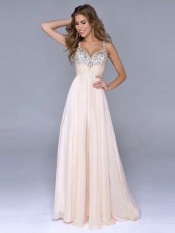 A-Line Spaghetti Strap Beading Floor-Length Chiffon Ball Dress