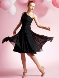 One Shoulder A-line Ruffles Sleeveless Knee-length Chiffon Dress