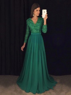 Shop A-line V-neck Chiffon with Appliques Lace Sweep Train Long Sleeve Beautiful Ball Dresses in ...