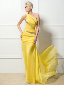 Shop Chiffon One Shoulder Sweep Train Sheath/Column with Beading Ball Dresses in New Zealand